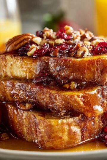 Easy Orange French Toast 2 A stack of Orange French Toast topped with pecans and dried cranberries.