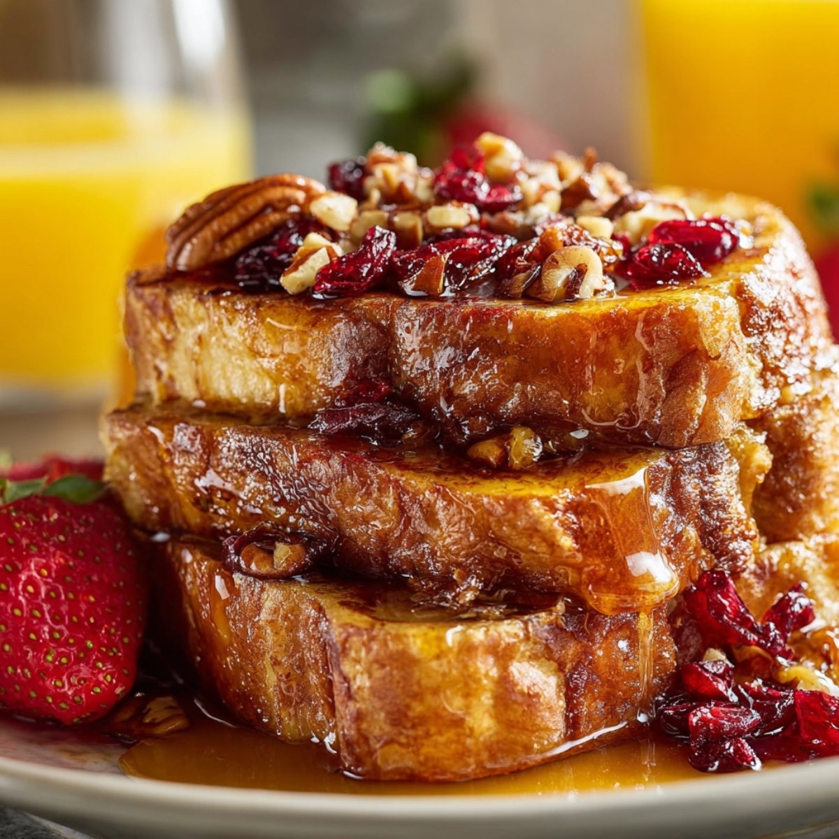 A stack of Orange French Toast topped with pecans and dried cranberries.