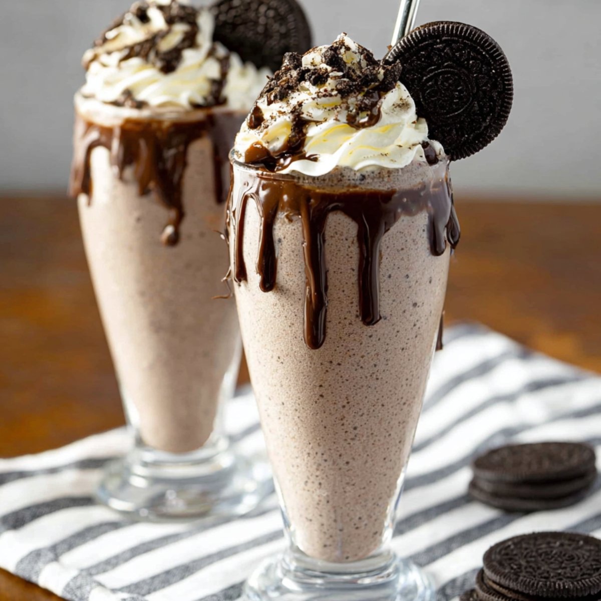 Oreo milkshake with whipped cream, chocolate, and Oreo cookies.