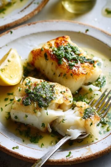 Easy Pan Fried Cod with Lemon Herb Butter Sauce Recipe 4 Pan fried cod with lemon herb butter sauce in a skillet