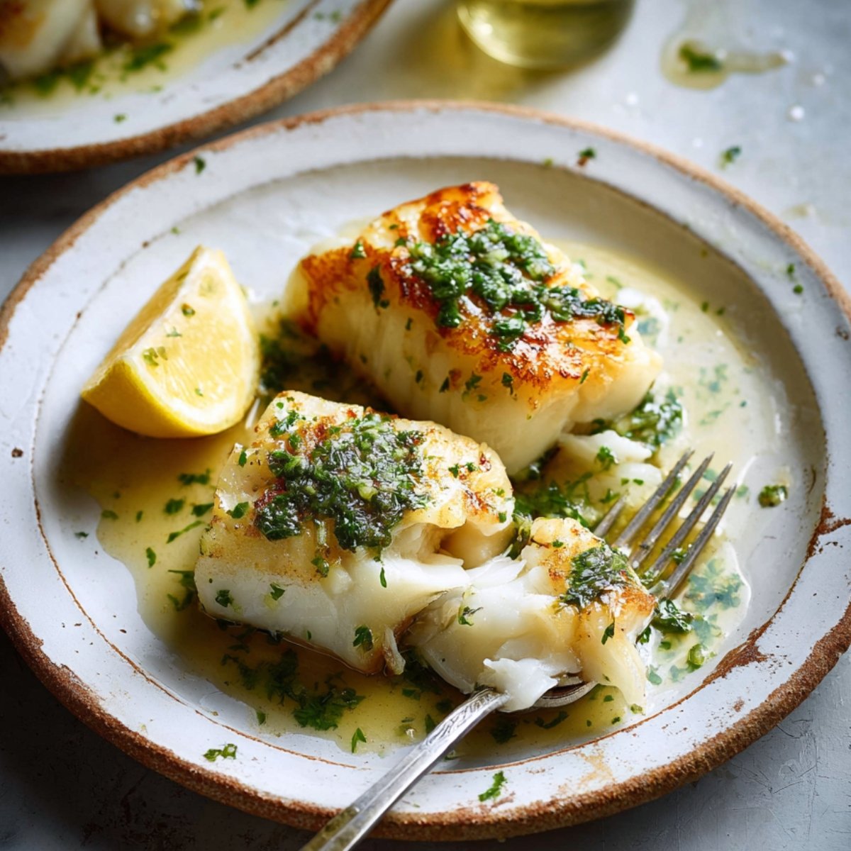 Pan fried cod with lemon herb butter sauce in a skillet