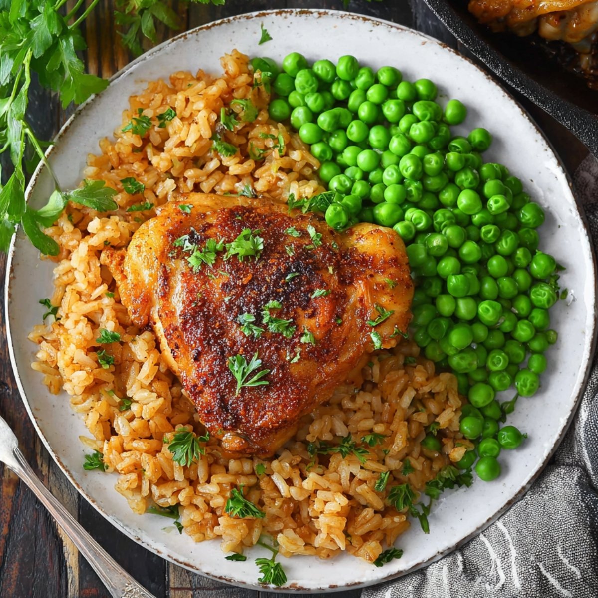 Paprika Chicken and Rice and green peas on plate.