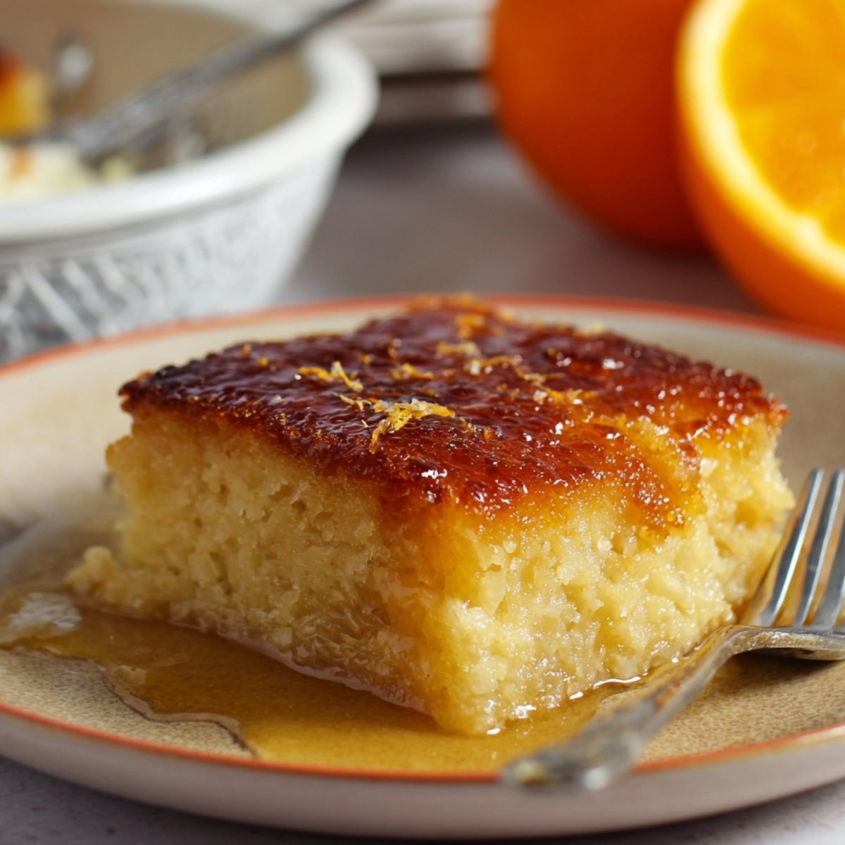 Slice of Portokalopita Recipe (Greek orange pie) with syrup on a plate.
