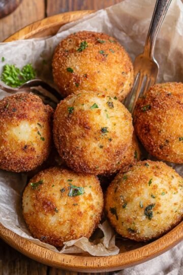 Easy Crispy Potato Cheese Balls Recipe 22 Golden fried Potato Cheese Balls in a wooden bowl.