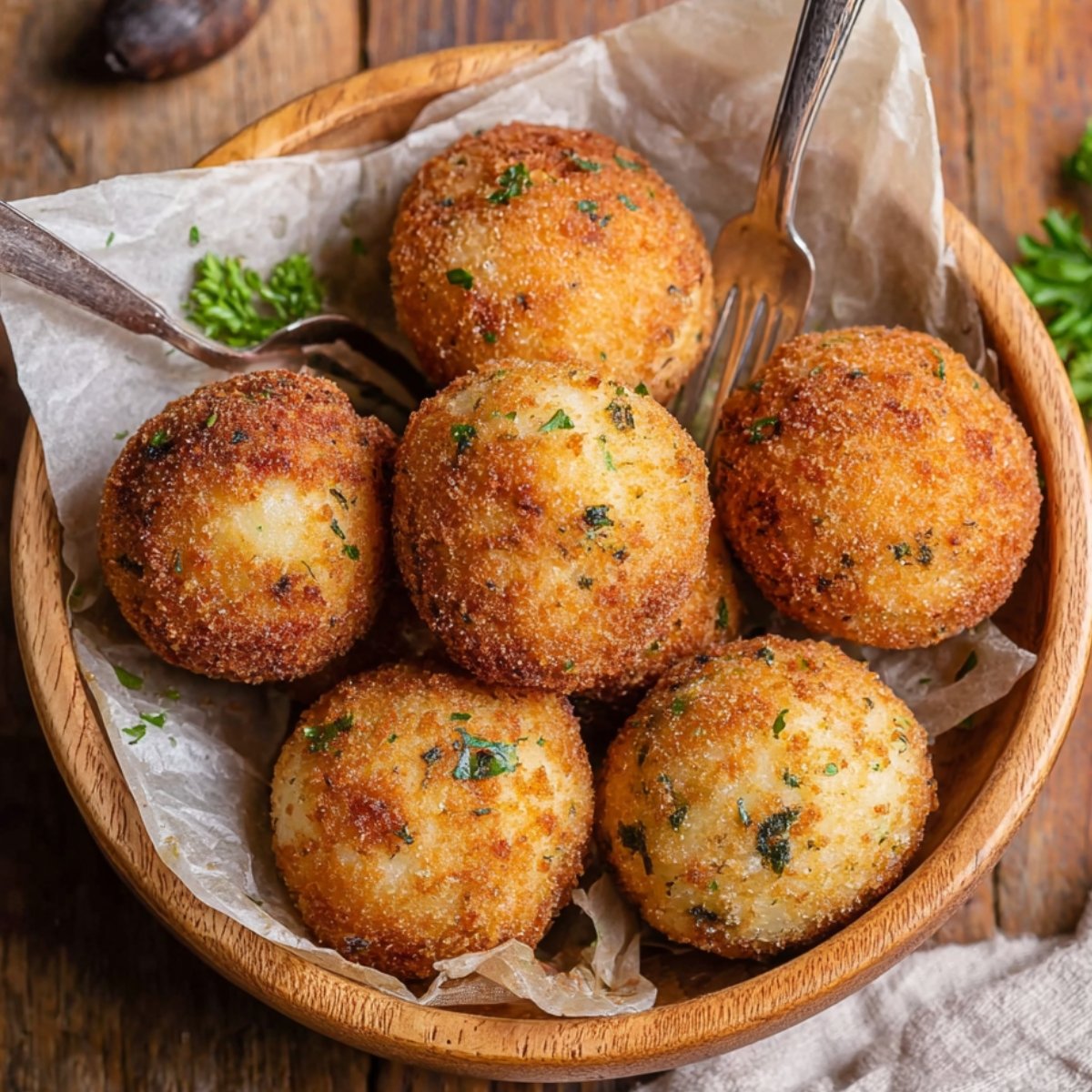 Golden fried Potato Cheese Balls in a wooden bowl.