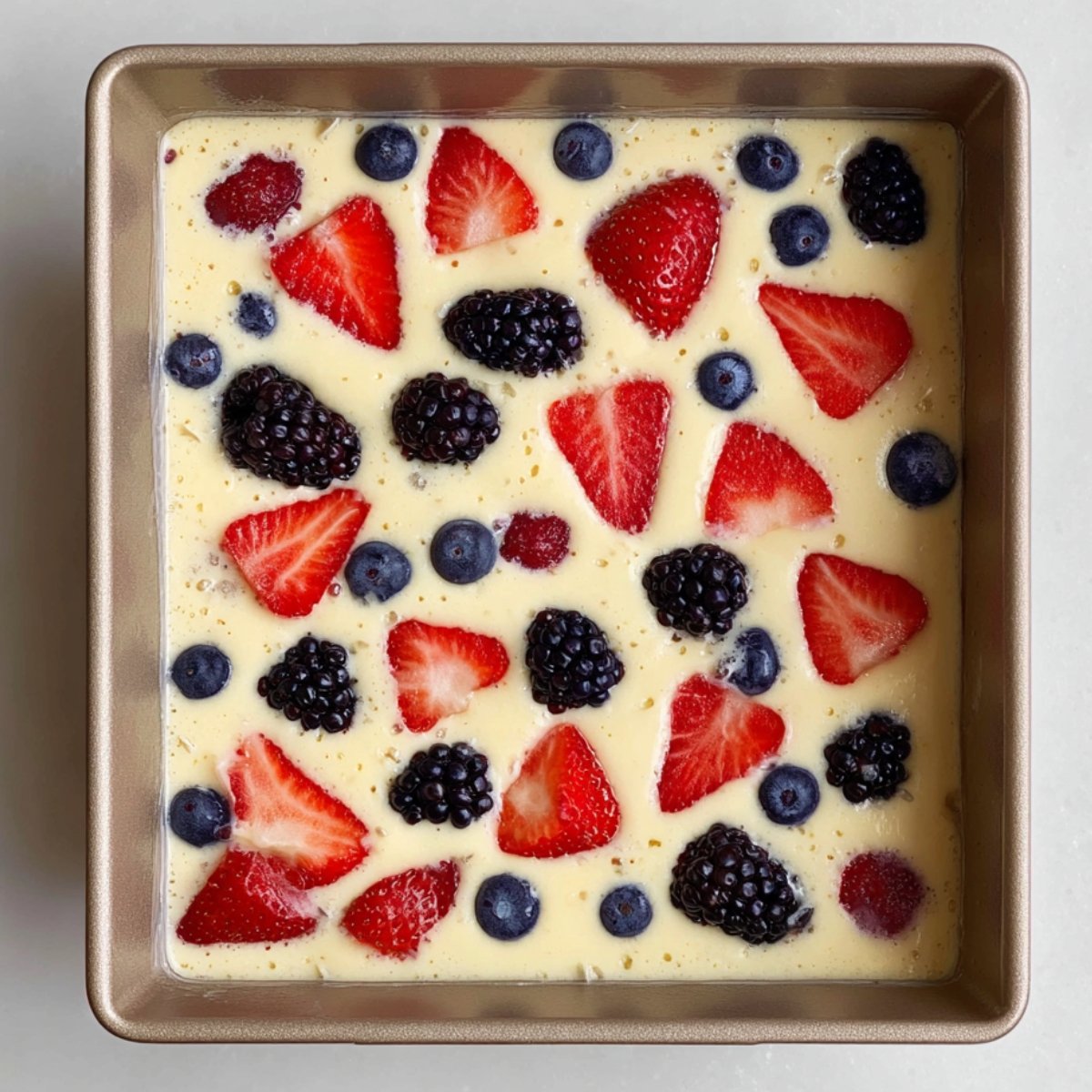 Healthy Berry Baked Yogurt Recipe 11 Yogurt batter in a pan topped with fresh berries.