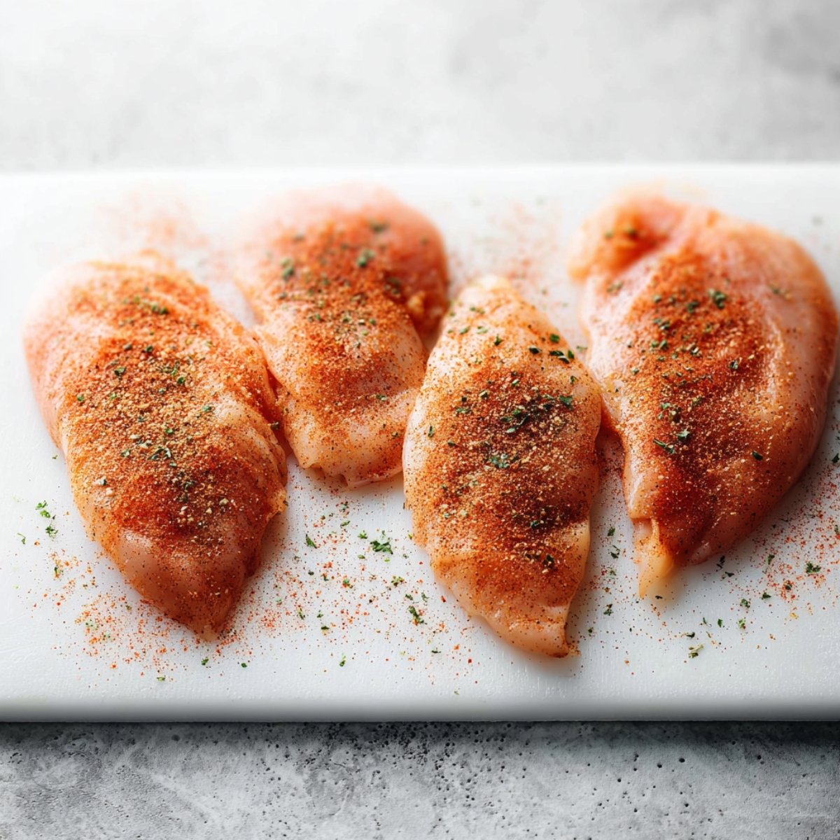 Easy garlic butter baked chicken breasts 10 Raw chicken breasts seasoned and ready for baking.