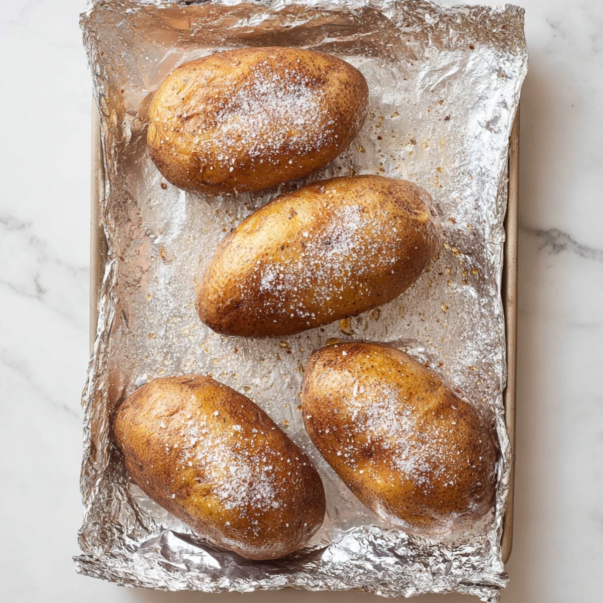 Easy Salty Steakhouse Style Baked Potato Recipe 11 Baked potatoes sprinkled with salt on a foil-lined tray.