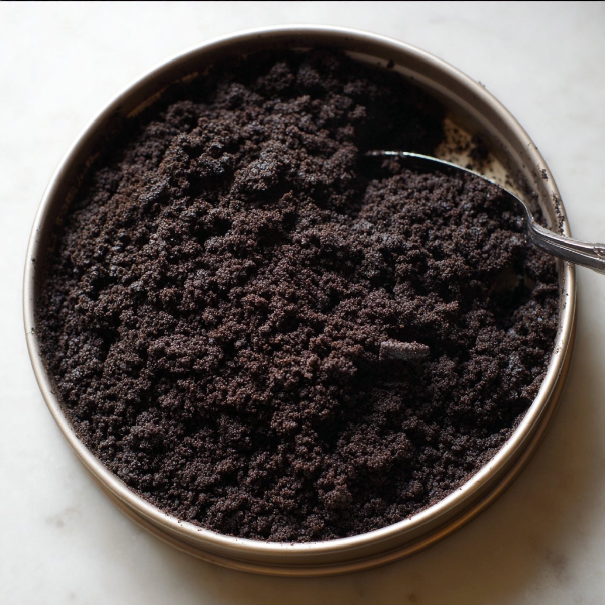 Easy No Bake Nutella Cheesecake Recipe 10 Crushed Oreo crumbs in a bowl, ready for the crust.