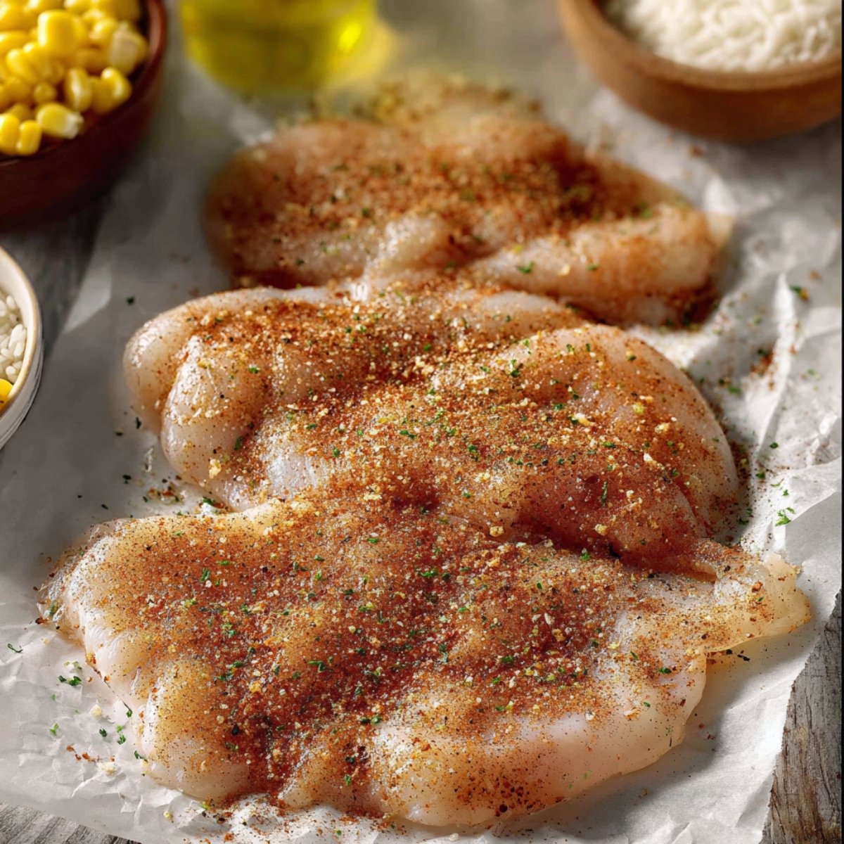 Easy Smoky Street Corn Chicken Bowls 10 Raw chicken breasts seasoned with spices.