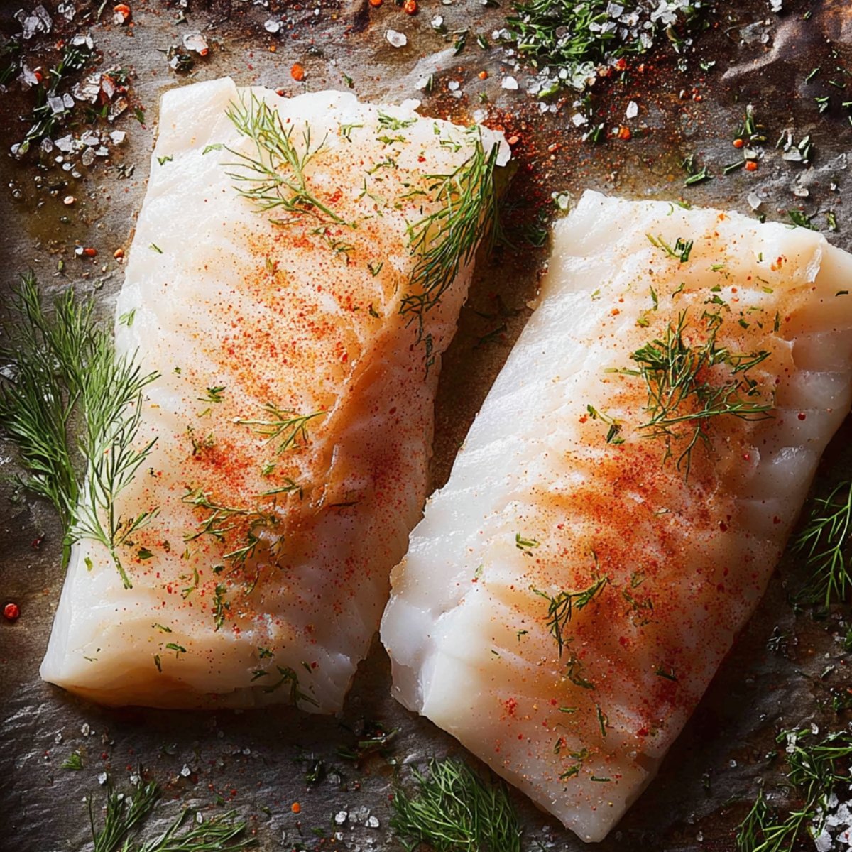 Easy Pan Fried Cod with Lemon Herb Butter Sauce Recipe 10 Seasoned raw cod fillets on a baking sheet