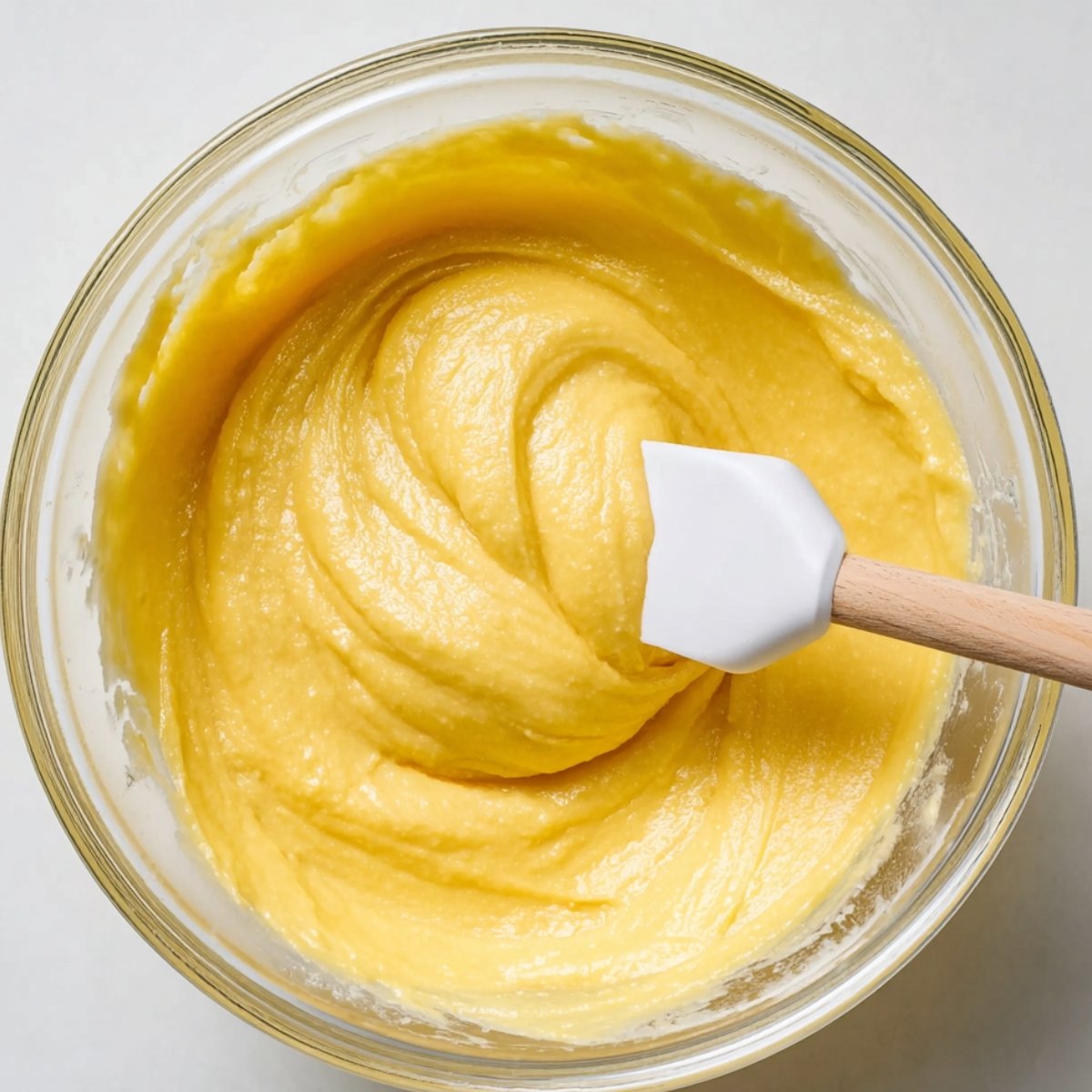 Easy Gluten Free Lemon Curd Cookies Recipe 11 Smooth lemon curd batter in a bowl with a spatula.