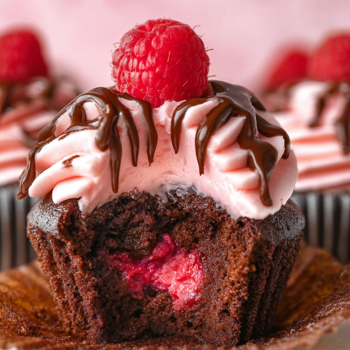 Raspberry chocolate cupcakes with pink frosting, chocolate drizzle, and fresh raspberry.