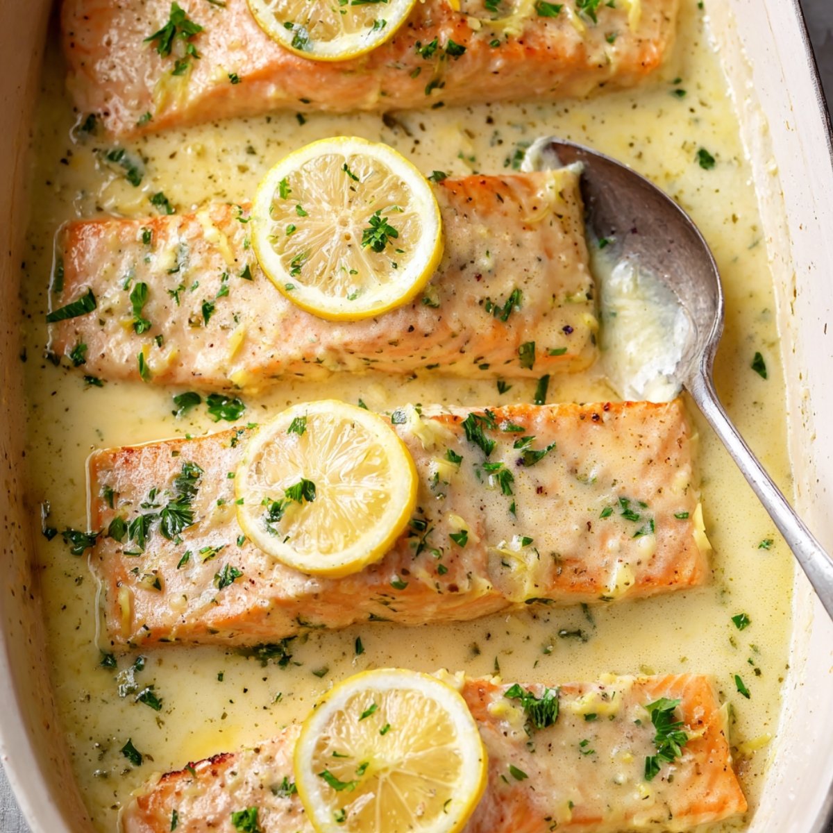 Salmon with Lemon Butter Cream Sauce garnished with parsley and lemon slices.