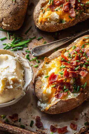 Easy Salty Steakhouse Style Baked Potato Recipe 5 Salty Steakhouse Style Baked Potato topped with cheese, bacon, and chives.