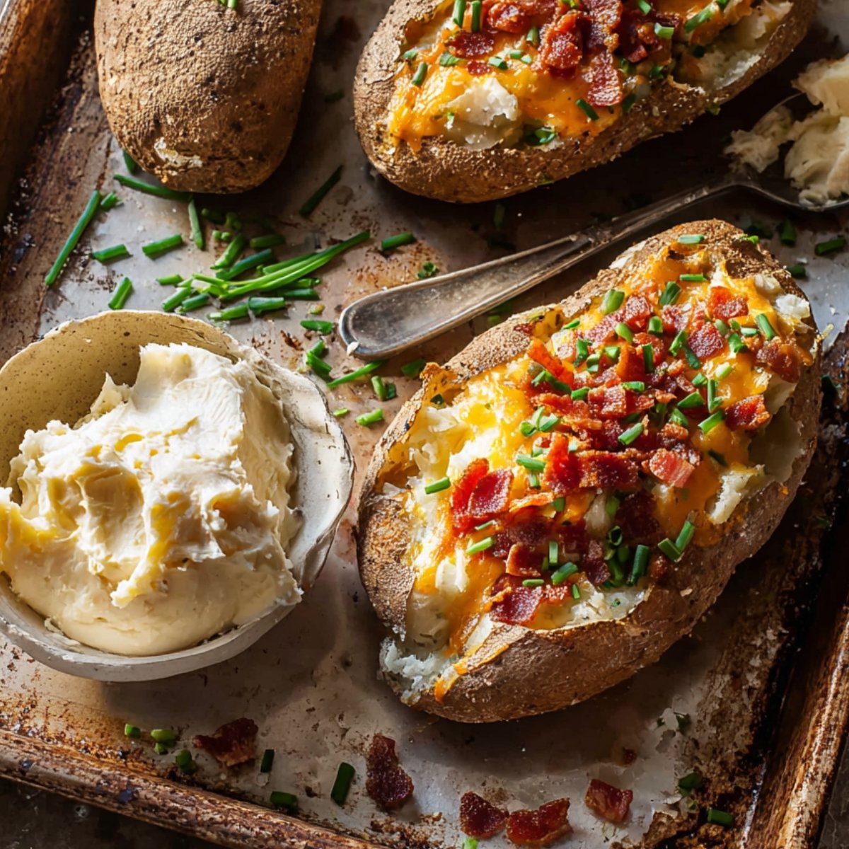 Easy Salty Steakhouse Style Baked Potato Recipe 9 Salty Steakhouse Style Baked Potato topped with cheese, bacon, and chives.