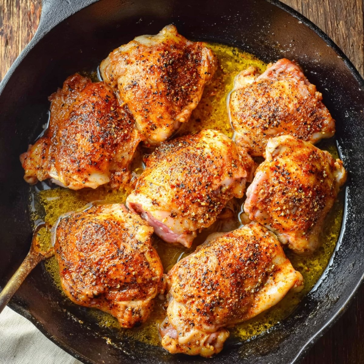 Easy Paprika Chicken and Rice Bake Recipe 10 Seasoned chicken thighs searing in a skillet.