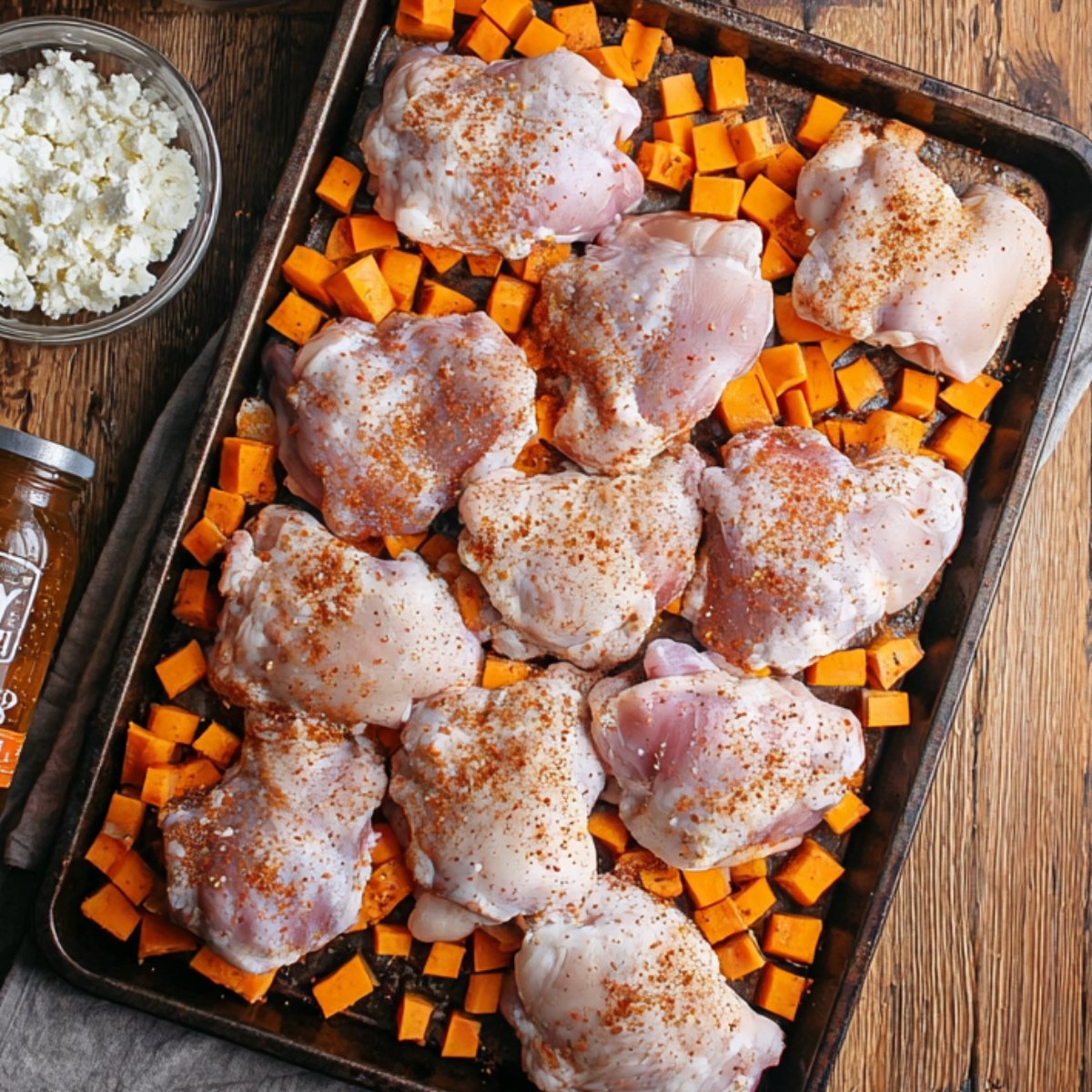 Easy Hot Honey Chicken and Sweet Potatoes 10 Baked chicken and sweet potatoes with sliced jalapeños and crumbled cheese on a sheet pan.