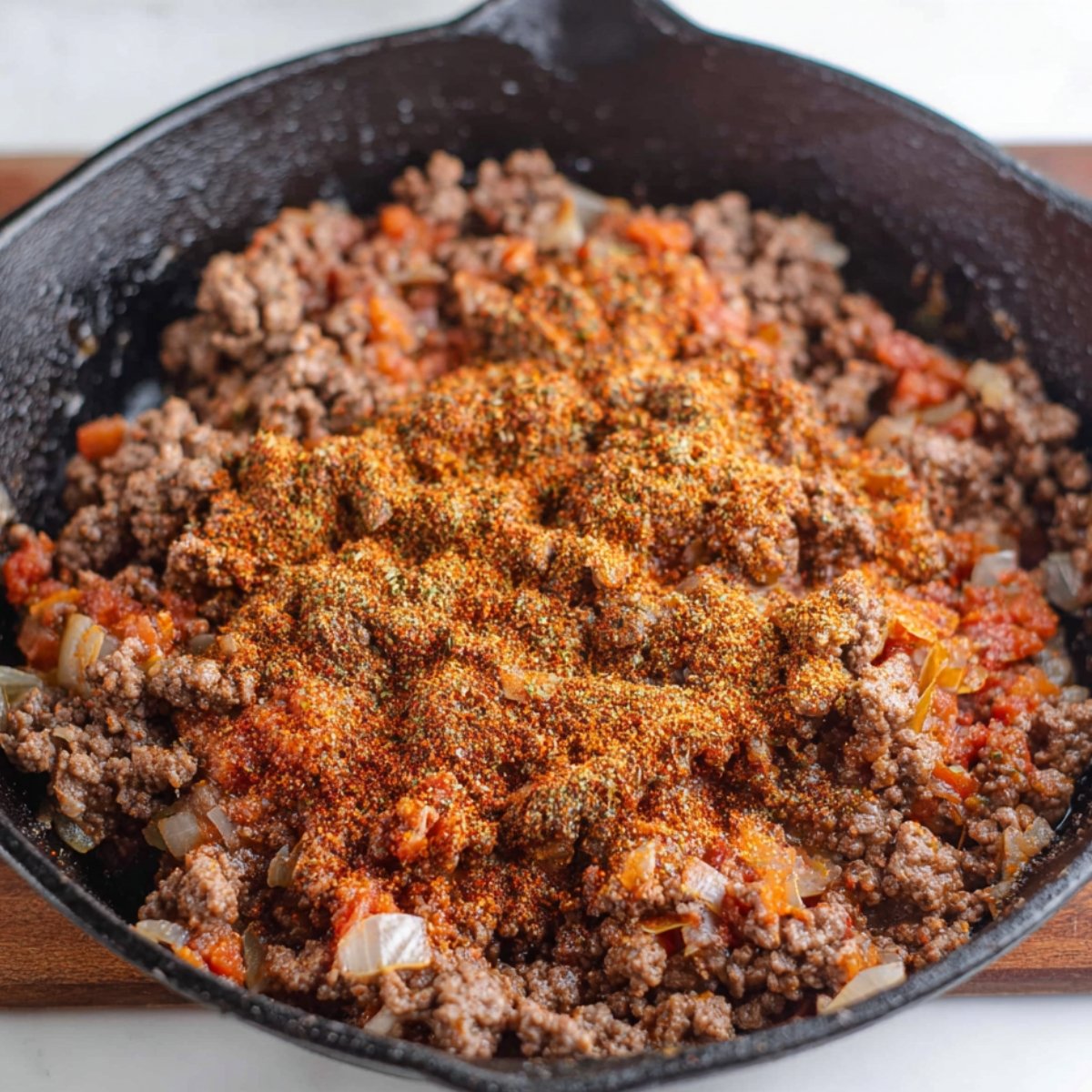 Easy Crispy Ground Beef Tacos 11 Image of ground beef, tomatoes, onions, and seasoning in a skillet.