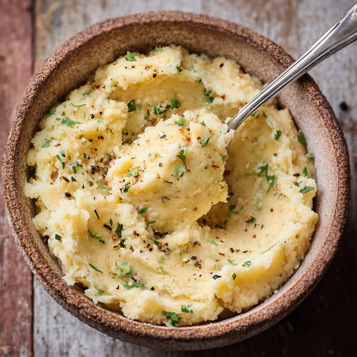 Easy Crispy Potato Cheese Balls Recipe 11 Mashed potatoes in a bowl with herbs and pepper.