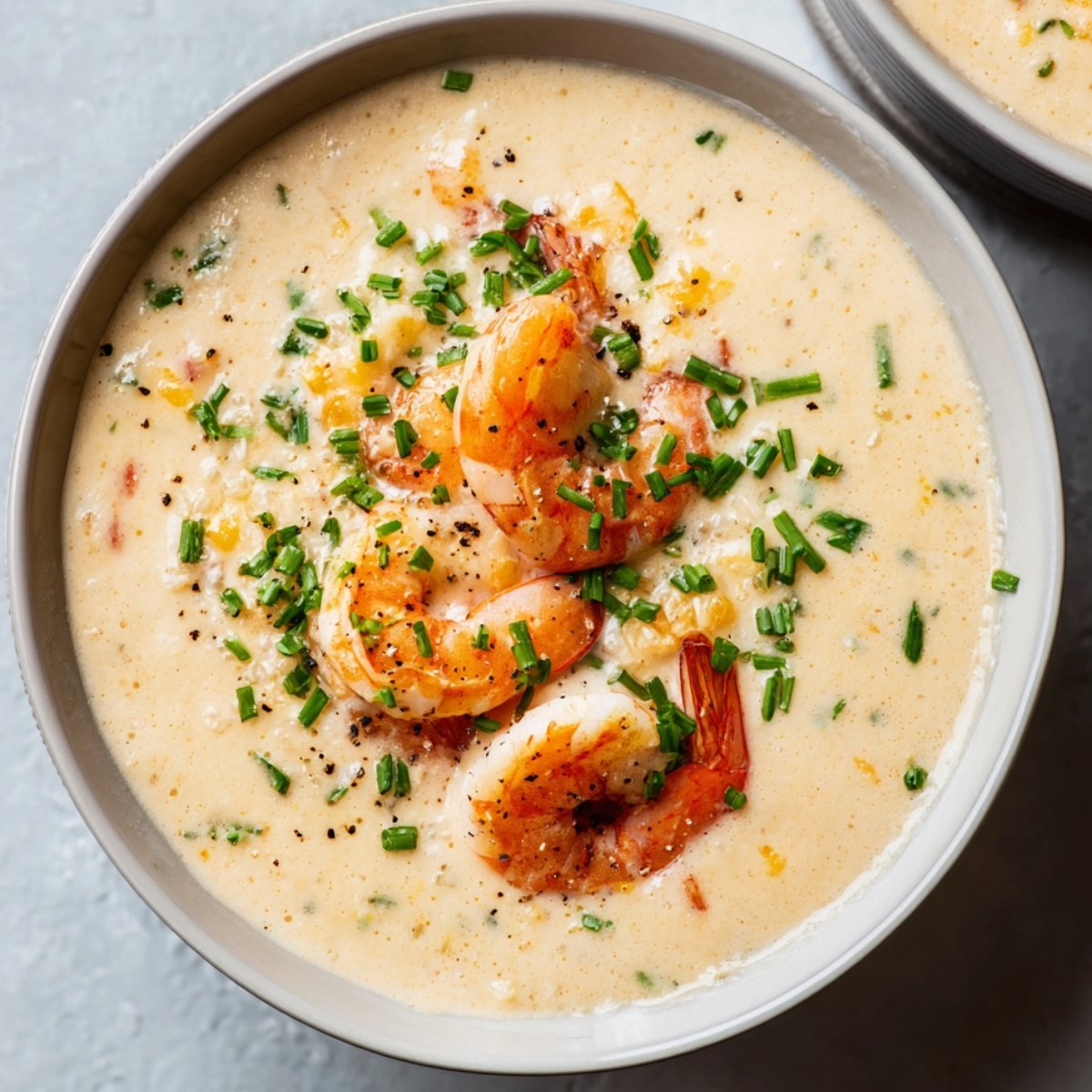 Easy Simple Seafood Bisque 9 Simple Seafood Bisque garnished with shrimp and chopped chives.