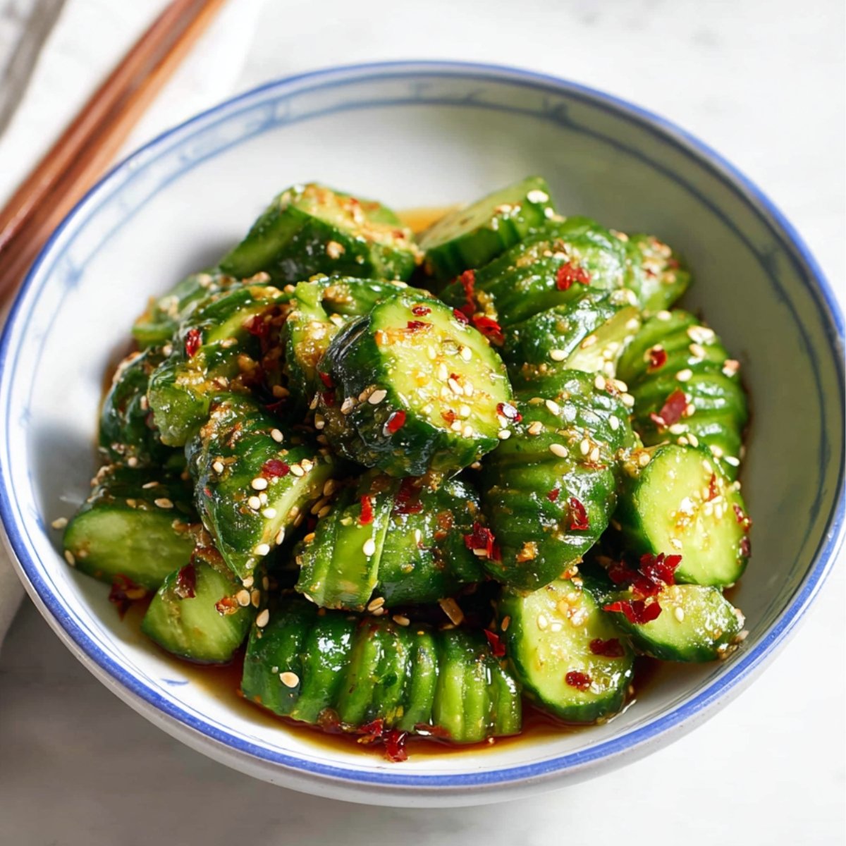Crispy Spicy Asian Cucumber Salad pieces tossed in spicy Asian dressing with sesame seeds.