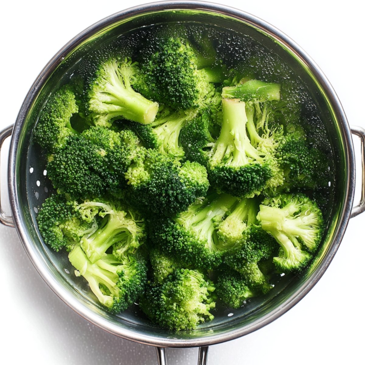 Easy Broccoli Tots Recipe 10 Fresh broccoli florets steaming in a colander.