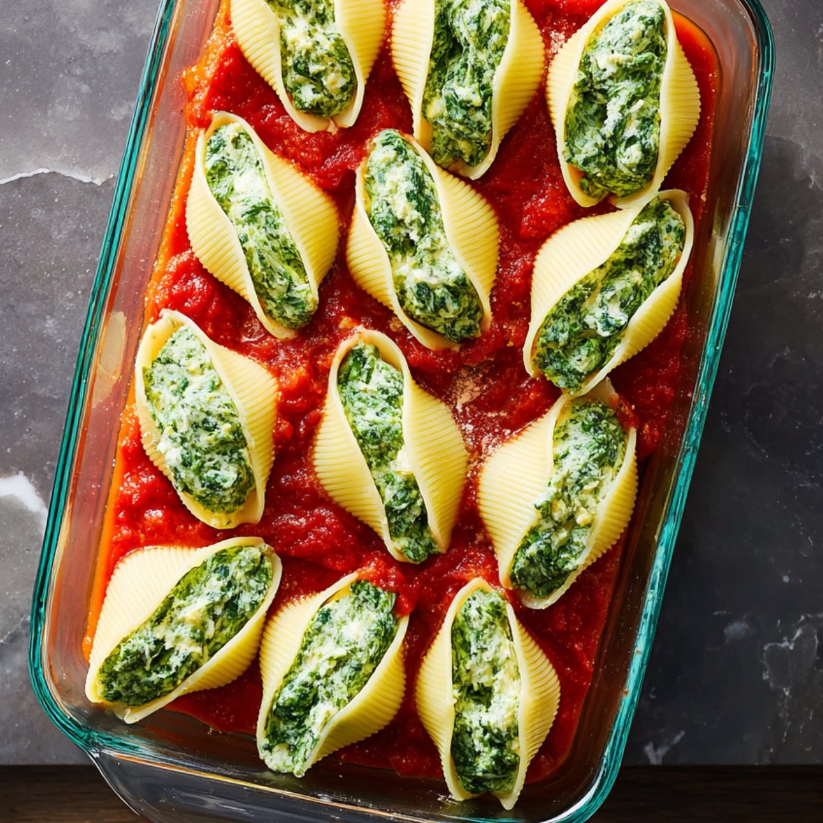 Easy Stuffed Shells with Spinach 11 Uncooked spinach and cheese stuffed pasta shells in tomato sauce.