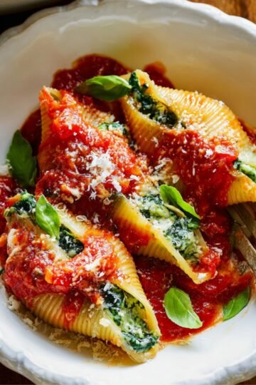 Easy Stuffed Shells with Spinach 14 Baked stuffed shells topped with tomato sauce and basil.