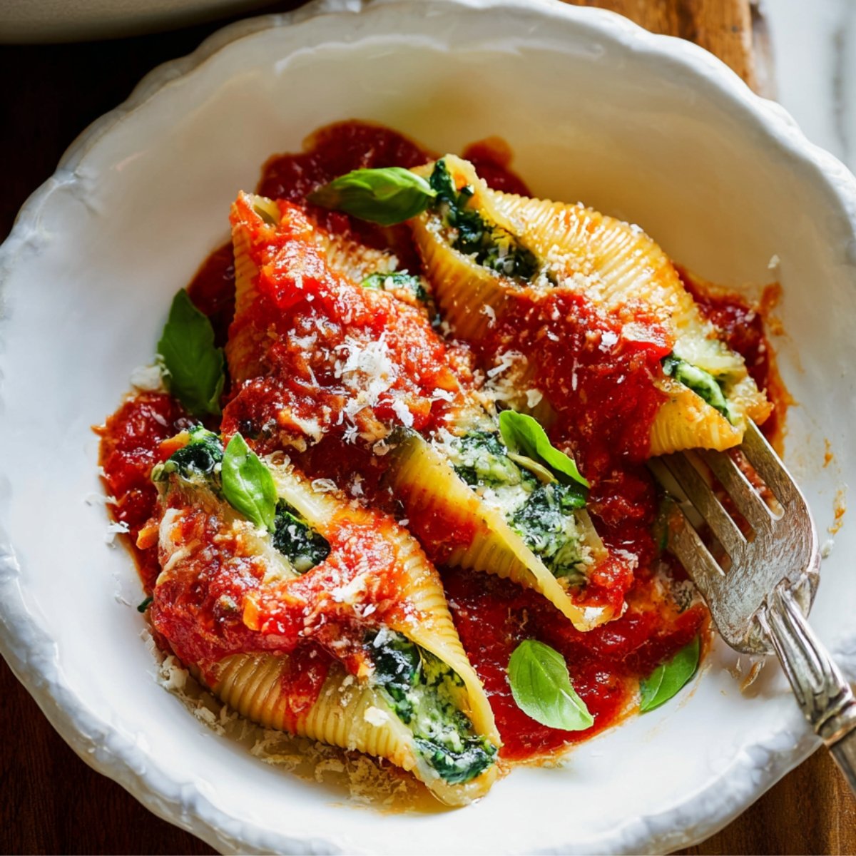 Baked stuffed shells topped with tomato sauce and basil.