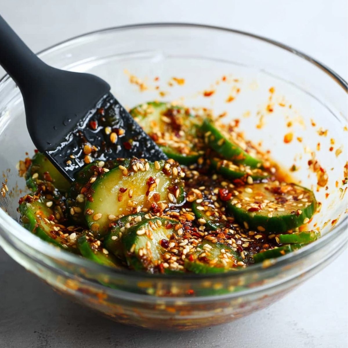 Easy Spicy Asian Cucumber Salad Recipe 11 Sliced cucumbers coated in sesame and chili sauce in a glass bowl.