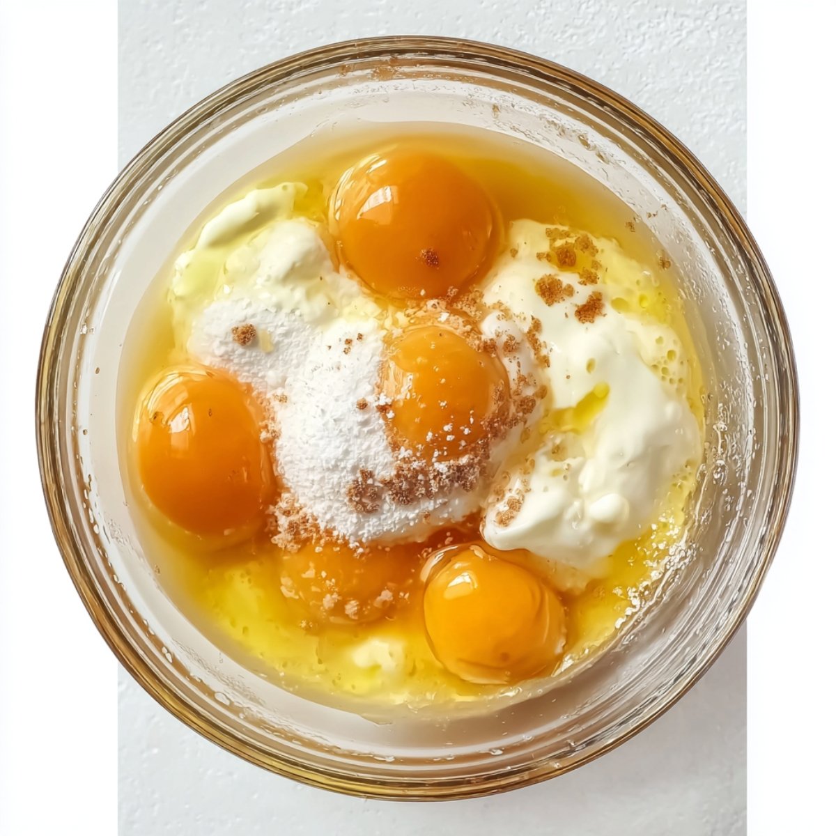 Healthy Berry Baked Yogurt Recipe 10 Glass bowl with eggs and yogurt being whisked together.