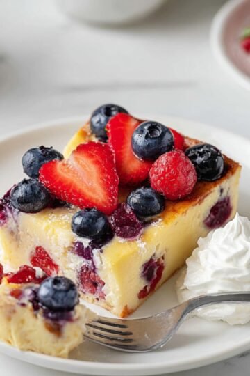 Healthy Berry Baked Yogurt Recipe 1 berry baked yogurt slice topped with fresh berries and whipped cream.