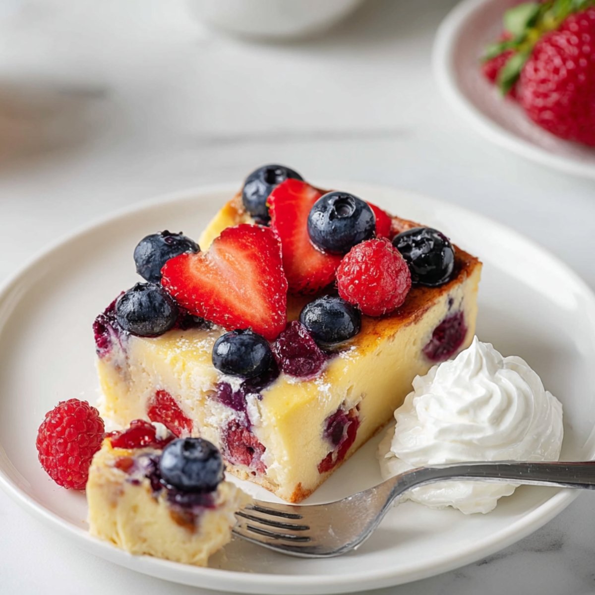berry baked yogurt slice topped with fresh berries and whipped cream.