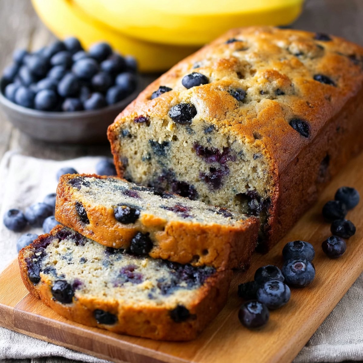 Sliced blueberry banana bread loaf on a cutting board.