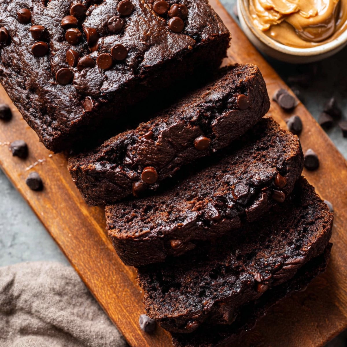 Sliced chocolate banana bread on a wooden board with chocolate chips