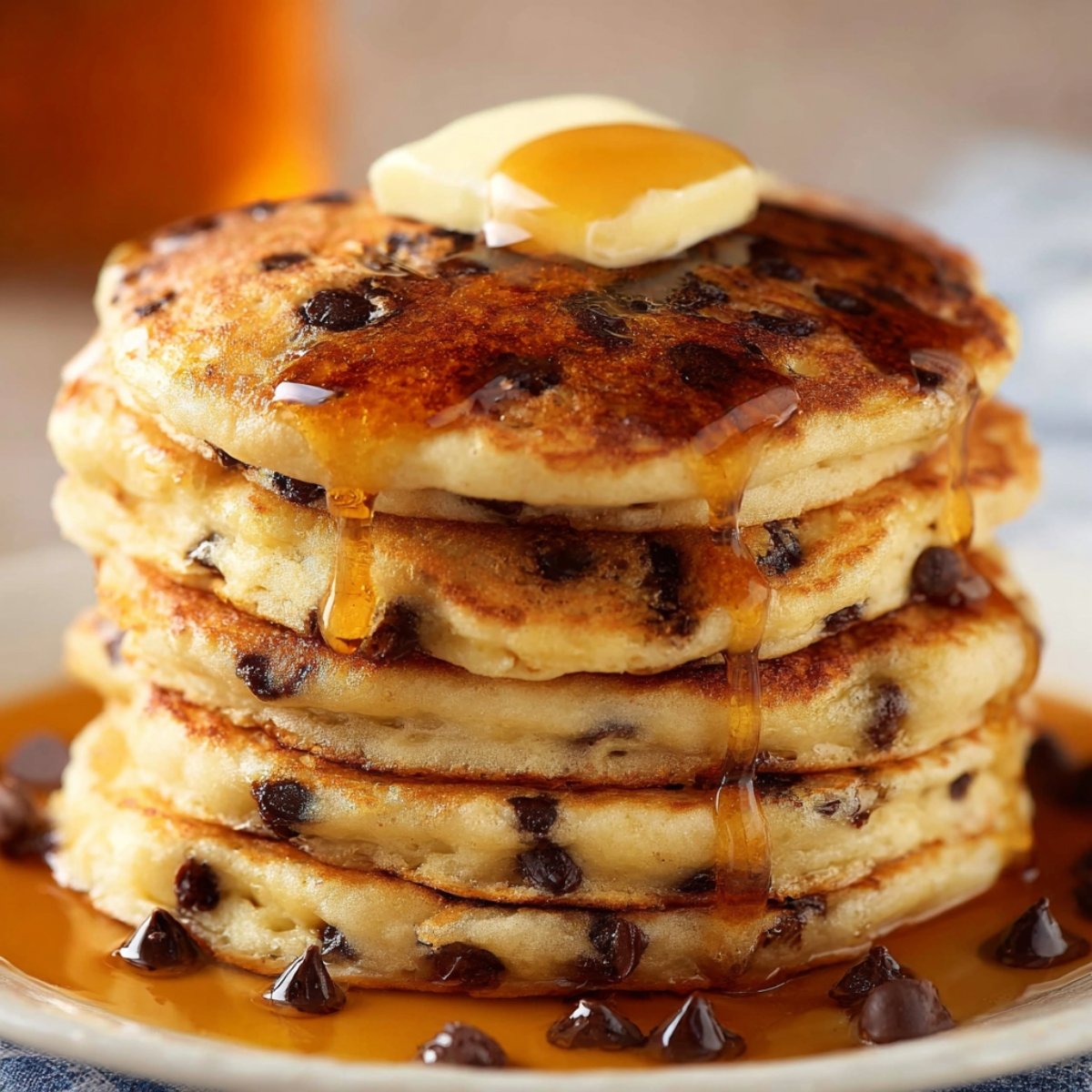Best Chocolate Chip Pancakes Recipe 9 Stack of chocolate chip pancakes with butter and syrup.