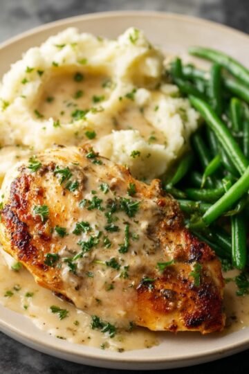 Easy Creamy Garlic Parmesan Chicken 13 Plate with creamy garlic parmesan chicken, mashed potatoes, and green beans.