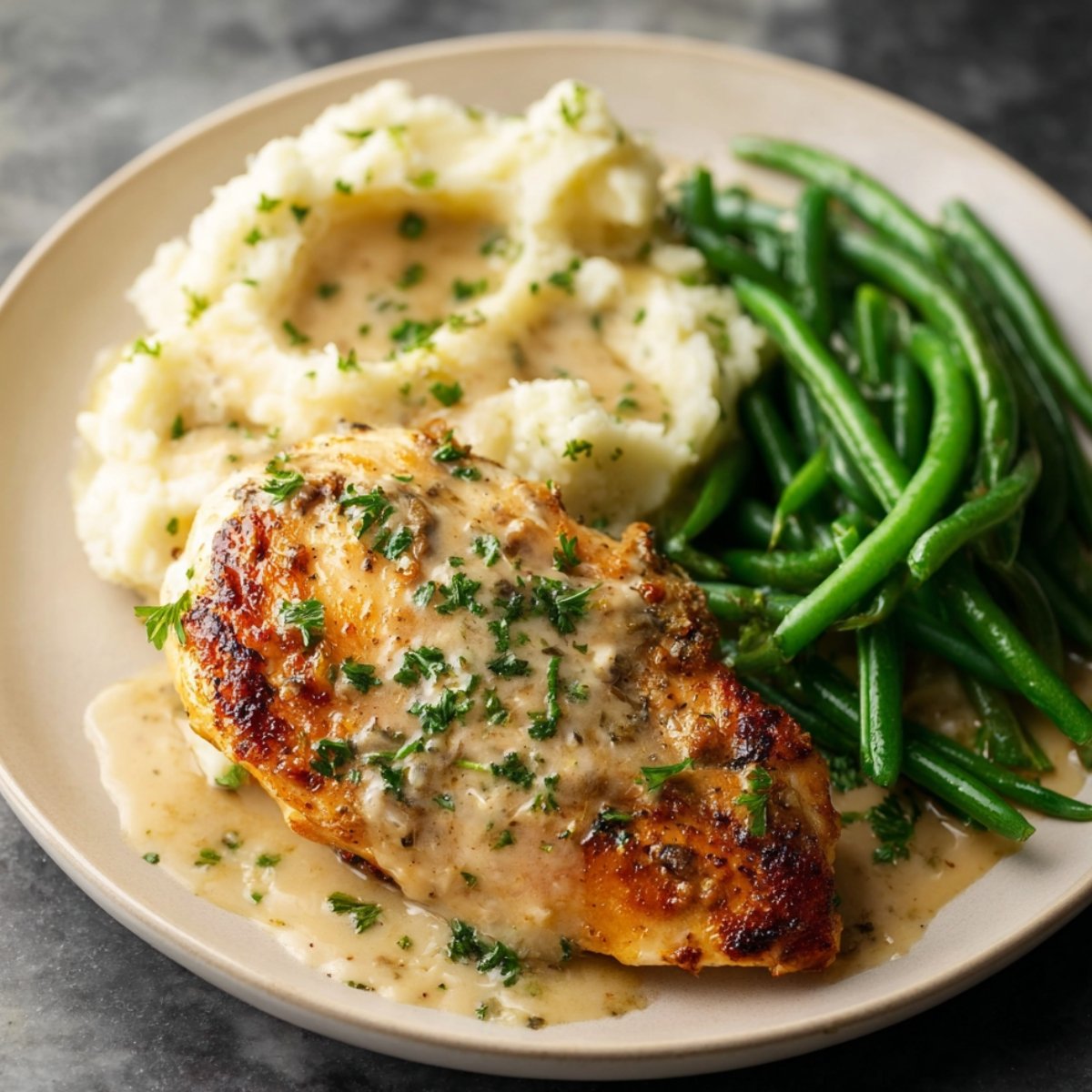 Plate with creamy garlic parmesan chicken, mashed potatoes, and green beans.