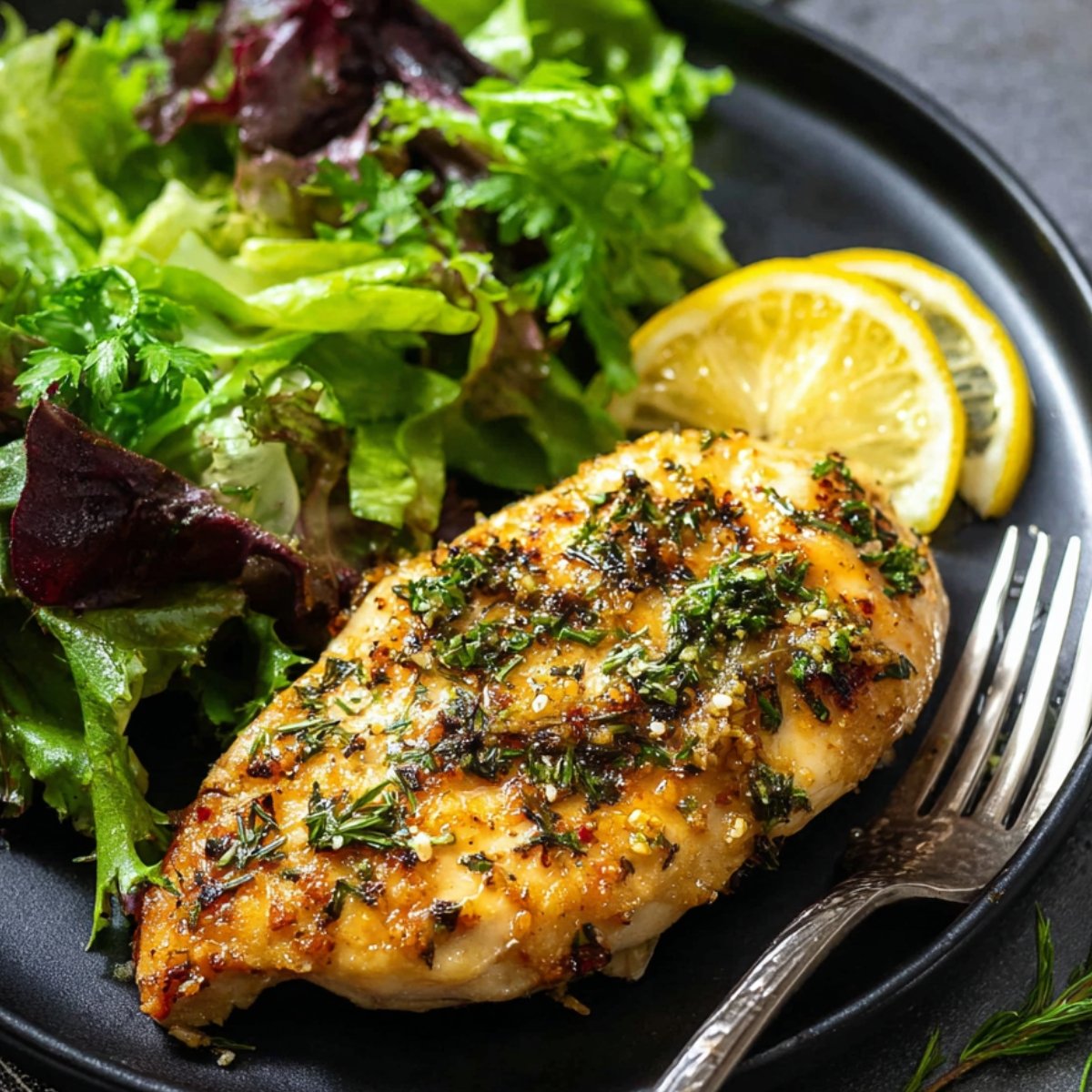 Baked garlic butter baked chicken breasts with herbs on a plate.