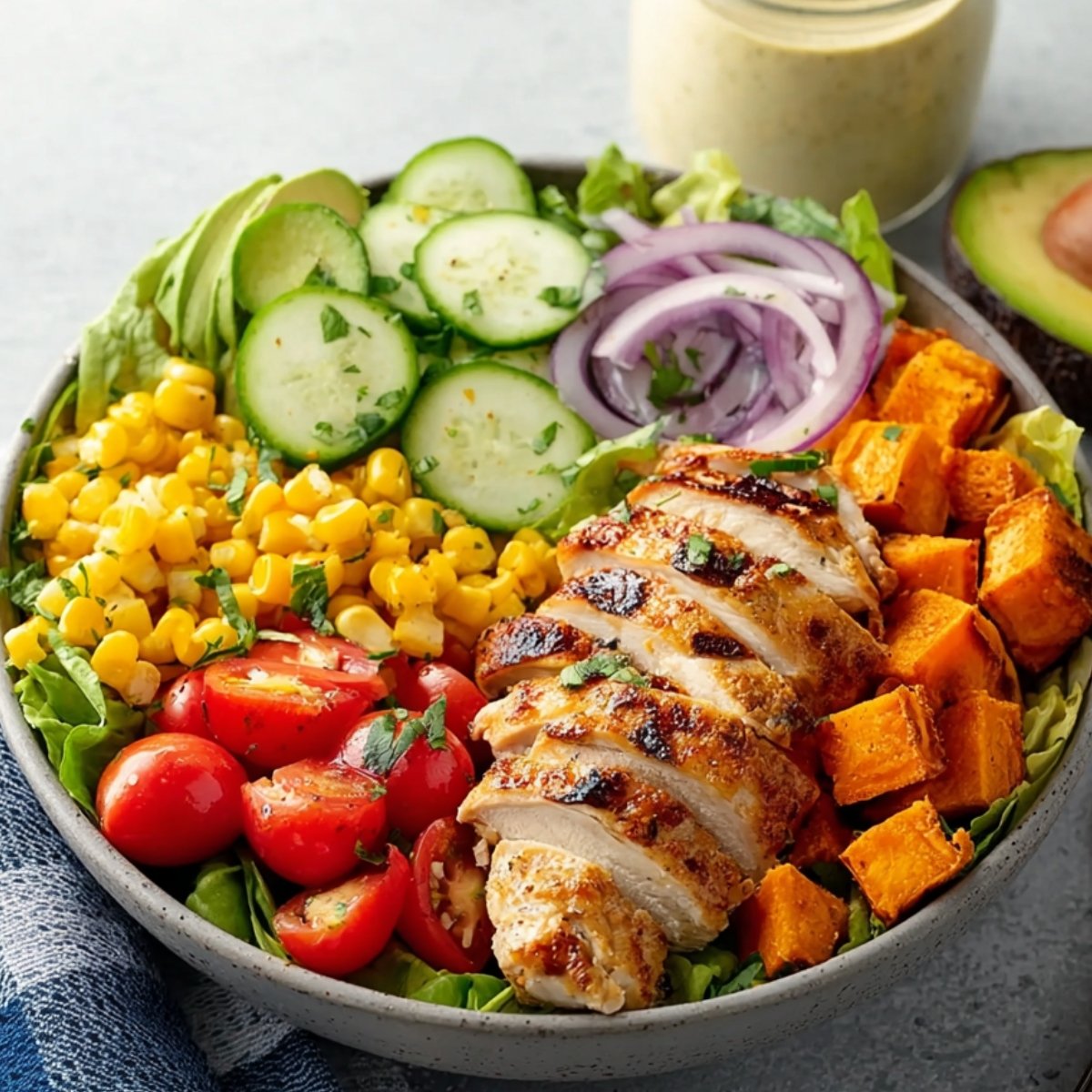 Easy Grilled Chicken Salad Recipe 9 Bowl of grilled chicken salad with corn, tomatoes, cucumber, and sweet potatoes.