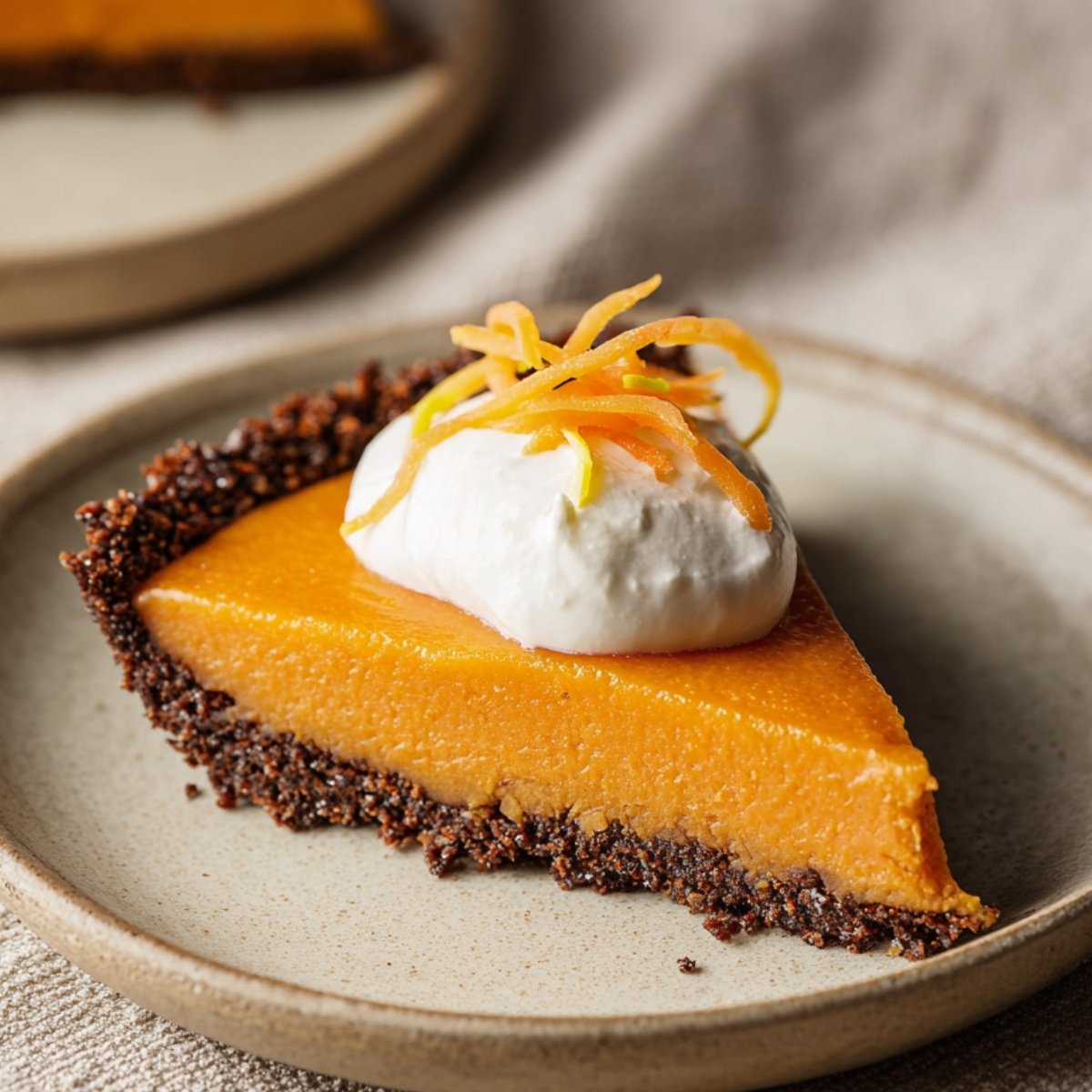 Slice of honey carrot pie with whipped cream.