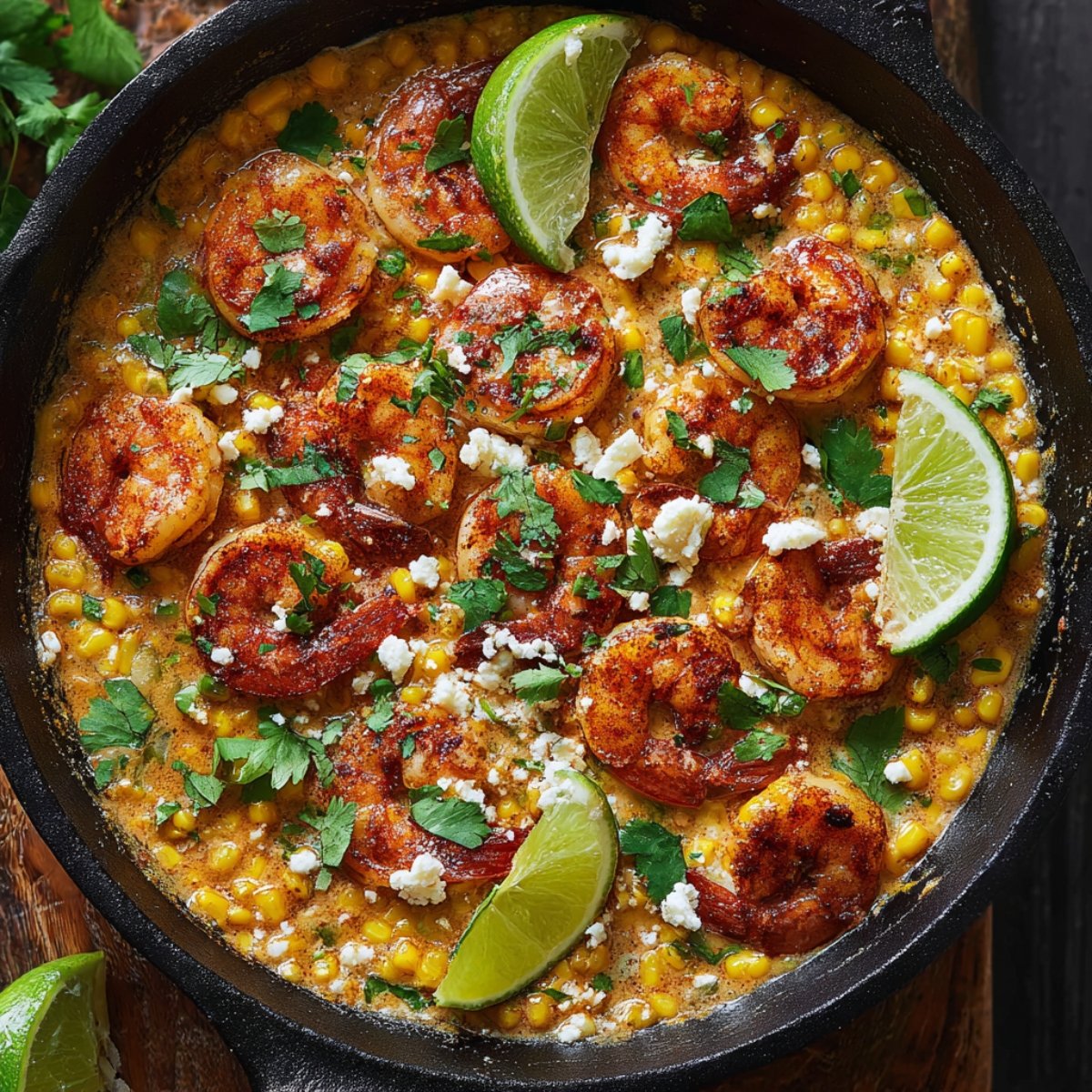 Creamed corn topped with cooked shrimp and creamed corn, lime, and herbs.