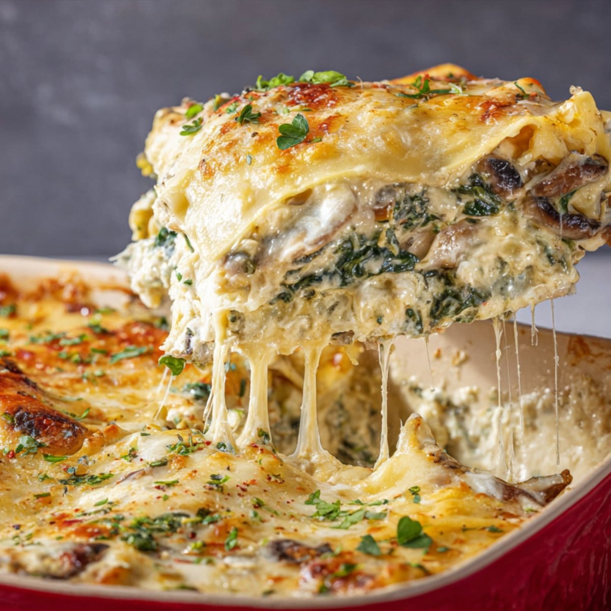 Slice of spinach mushroom lasagna with melted cheese