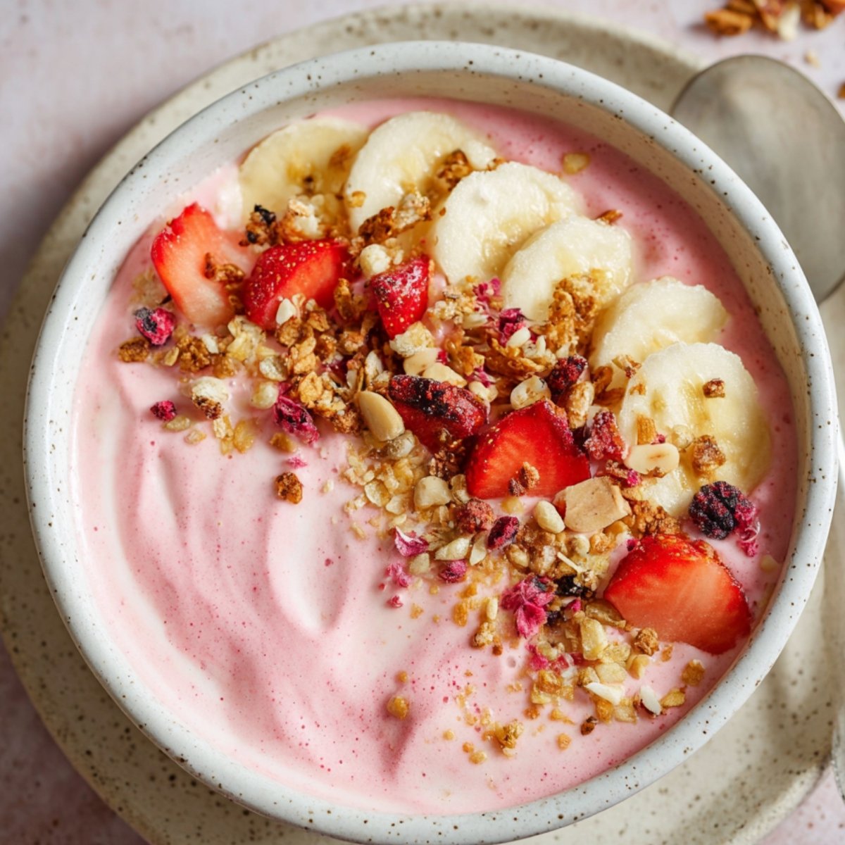 strawberry banana smoothie bowl with banana slices, strawberries, and granola.