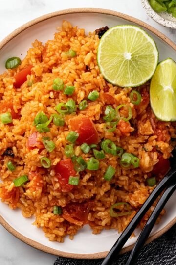Easy Tomato Rice Recipe 5 Plate of tomato rice garnished with lime and green onions.