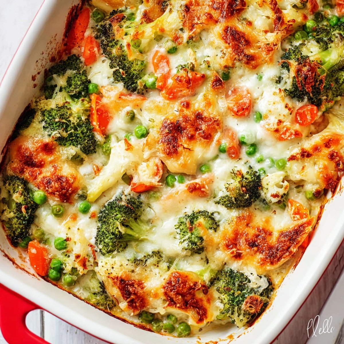 Baked vegetable casserole with broccoli, carrots, and peas.